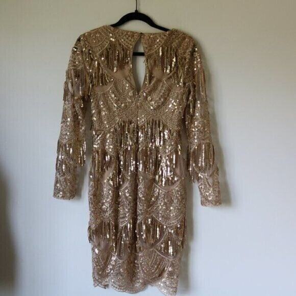 Gold Lulu's Dress XS Go Go Vintage NWOT V Neck Long Sleeve - Picture 9 of 11
